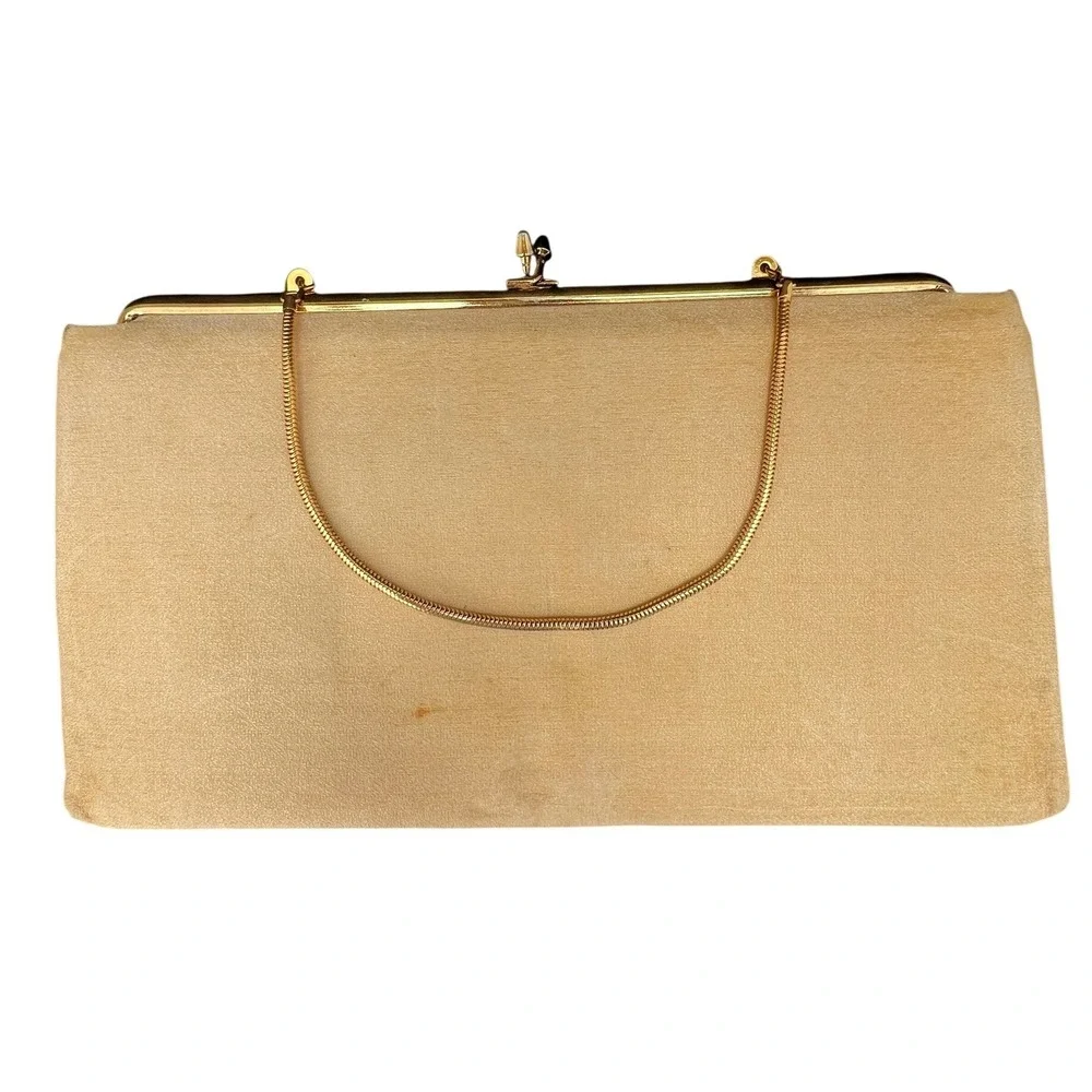 Vintage Style Clutch Champagne Satin Evening Bag Gold Chain Large